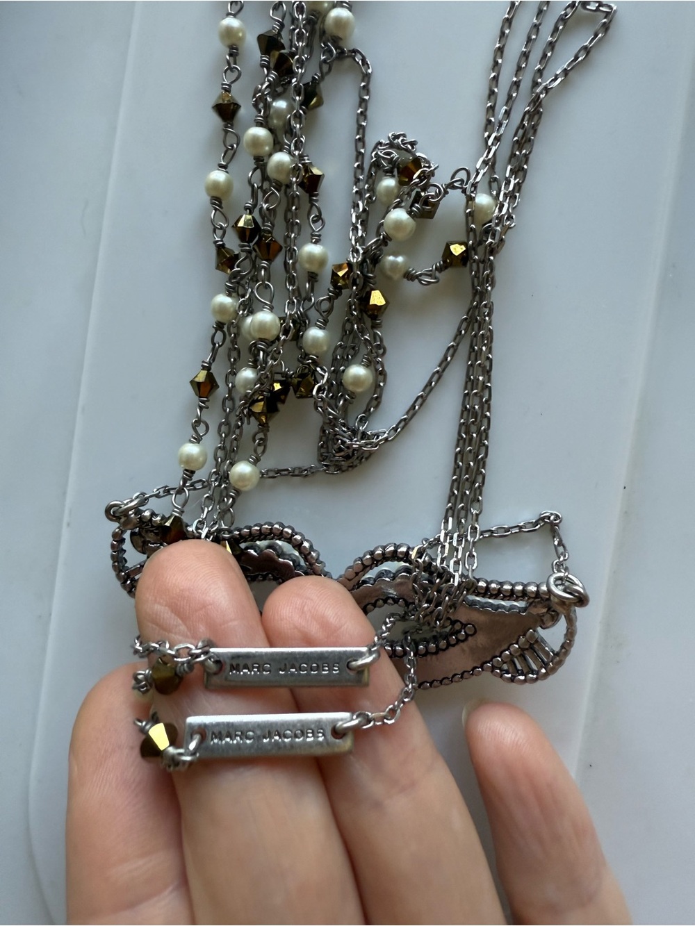 Marc Jacobs Silver Mask Pendant Necklace with Pearl Beads Y2K - Picture 5 of 6